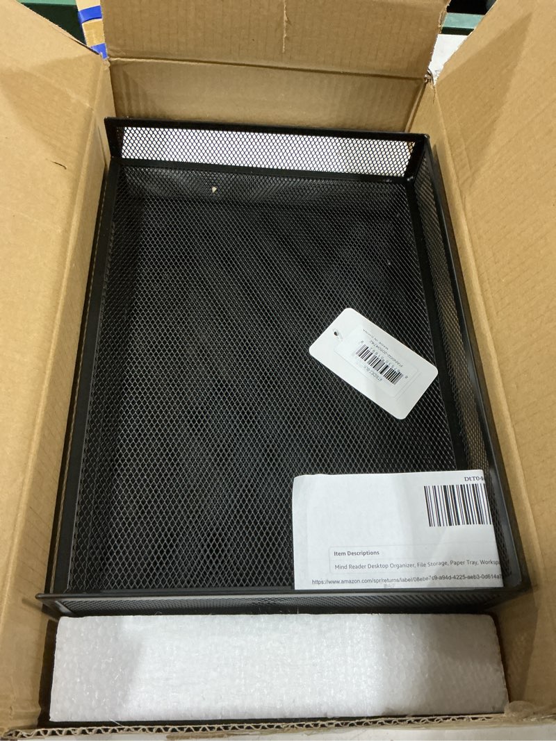 Condition photo showing Good Condition for mind reader desktop organizer, file storage, paper tray, workspace, office, metal mesh, 16.75"l x 9.15"w x 6"h, black