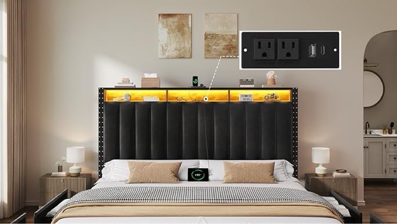 YITAHOME Queen Size Bed Frame with 4 Drawers and RGB LED Lights, Velvet Upholstered Platform Bed (incomplete)