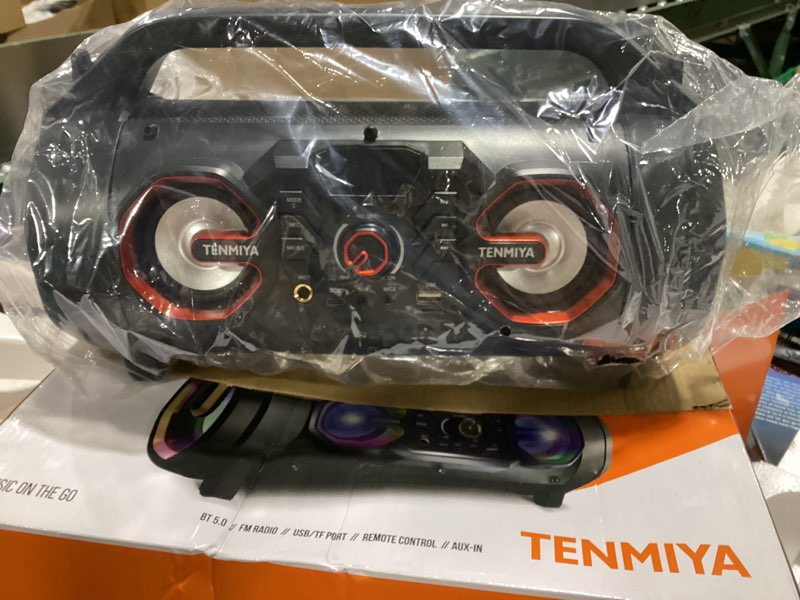 Condition photo showing New/Like New for portable bluetooth speaker with subwoofer, wireless speakers with booming bass, fm radio, rgb lights, eq, stereo sound, 10h playtime, 30w loud speaker for home, outdoor, party, travel, camping, gifts black orange