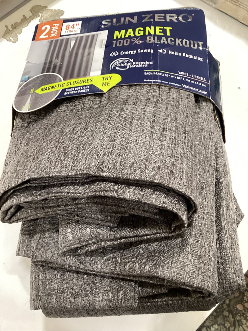 Condition photo showing Good Condition for sun zero vance 2-piece magnetic closure 100% blackout back tab curtain panel pair, 37"x84", steel