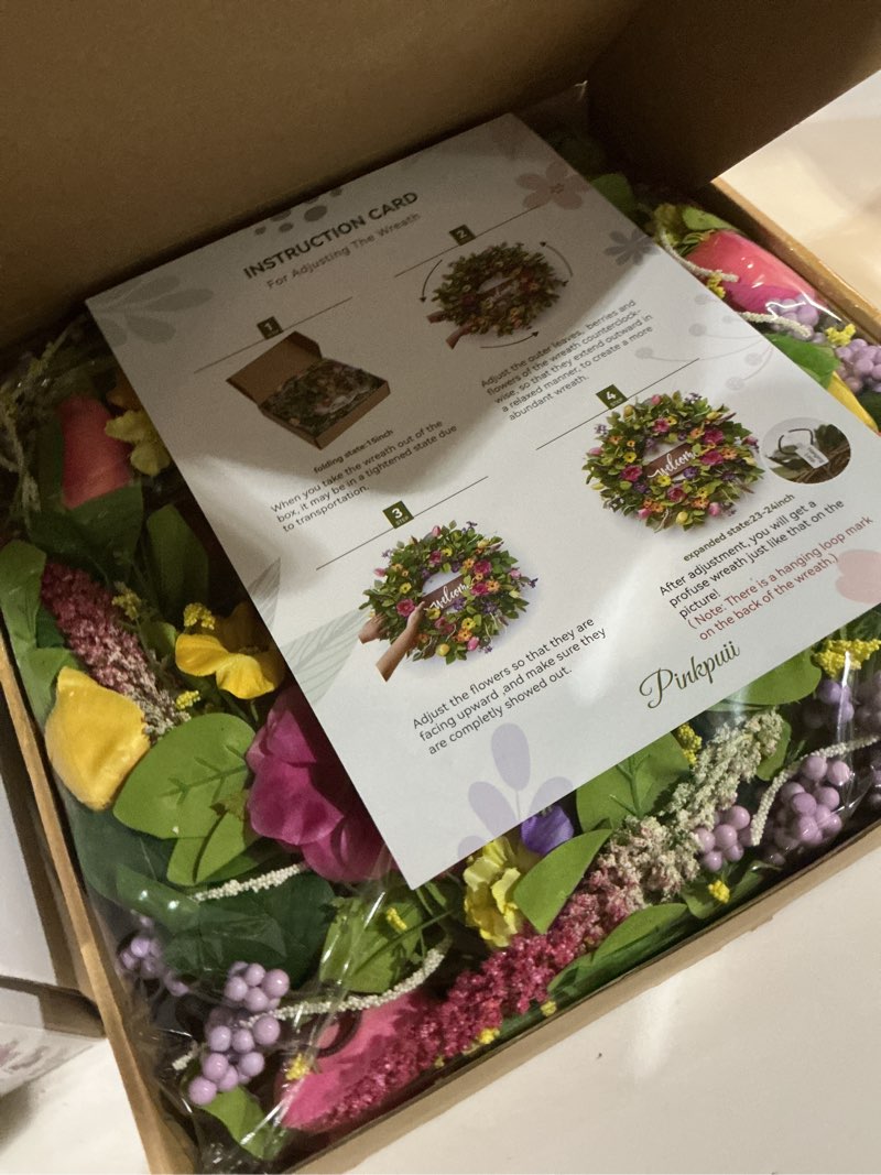 Condition photo showing New/Like New for Spring Wreaths for Front Door Outside – 24 Inch Artificial Tulip & Wildflower Summer Wreath with Green Eucalyptus Leaves and Welcome Sign- Indoor Outdoor Farmhouse Home Porch Wall Decor