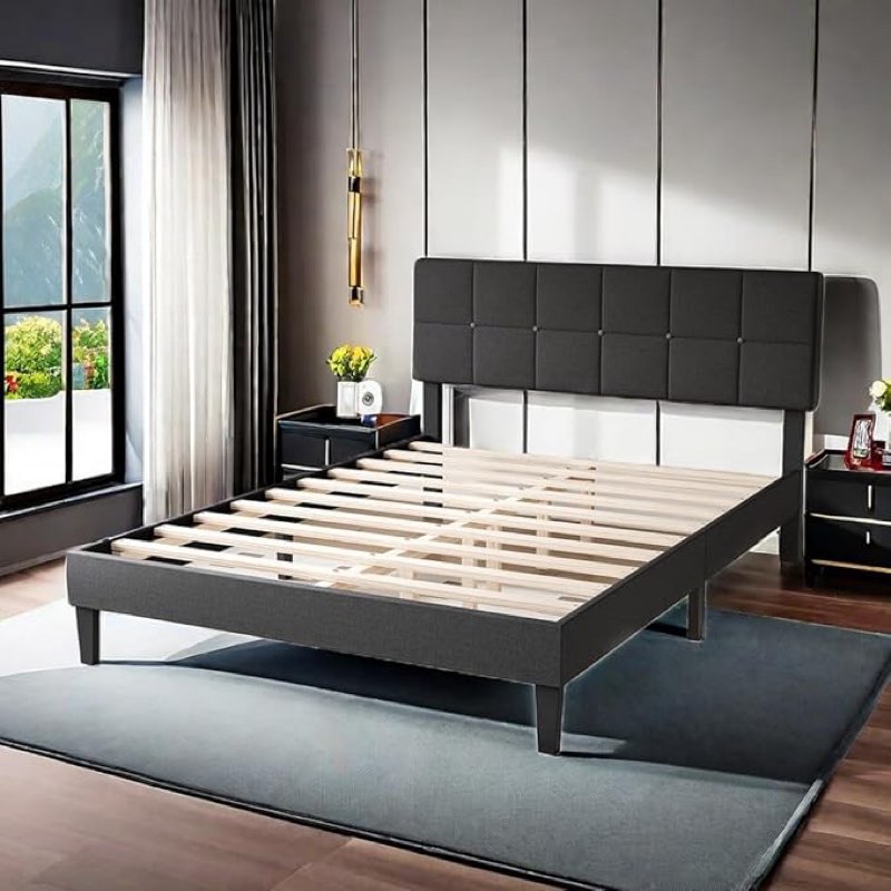  Queen Bed Frame with Headboard Adjustable, Platform Bed Frame W/Wooden Strip Support & Linen Fabric Upholstered Headboard, No Box Spring Needed, Easy Assembly, Queen/Dark Grey