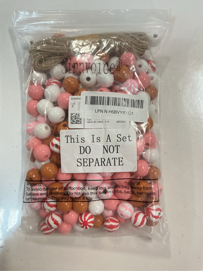 Condition photo showing Good Condition for Cinnvoice 240 Pcs Pink Gingerbread Christmas Wooden Beads for Crafts, 16mm Round Spacer Candy Trees Houses Ice Cream Beads Bulk for Jewelry Making DIY Garland Bracelets Pens Xmas Holiday Tree Decor