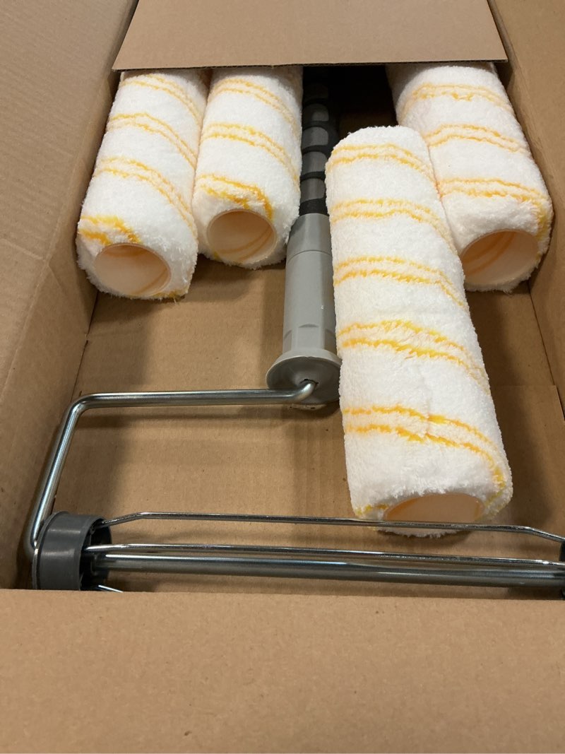 Condition photo showing Good Condition for 6pcs house paint roller kit, 9 inch extendable roller frame with 5 microfiber roller covers 1/2" nap, adjustable painting roller (18" - 36") for walls, ceilings, floor, home painting supplies