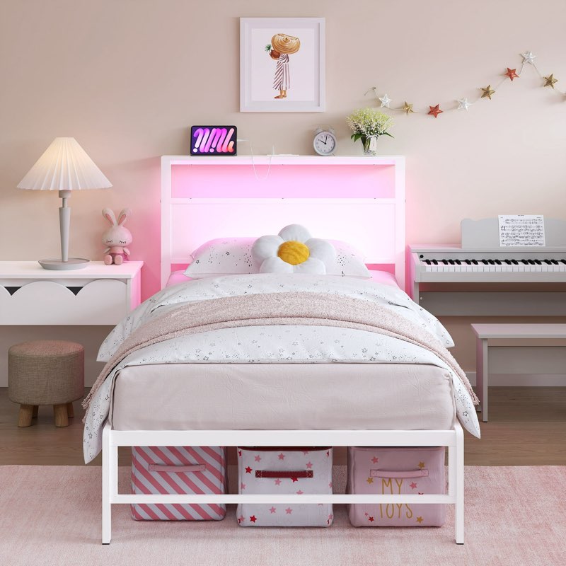 (Incomplete, missing pcs)Yoneston Power Outlet LED Light Twin Metal Platform Bed Frame with 2-Tier Storage USB Port Charging Station Headboard for Kids Boys Girls, White