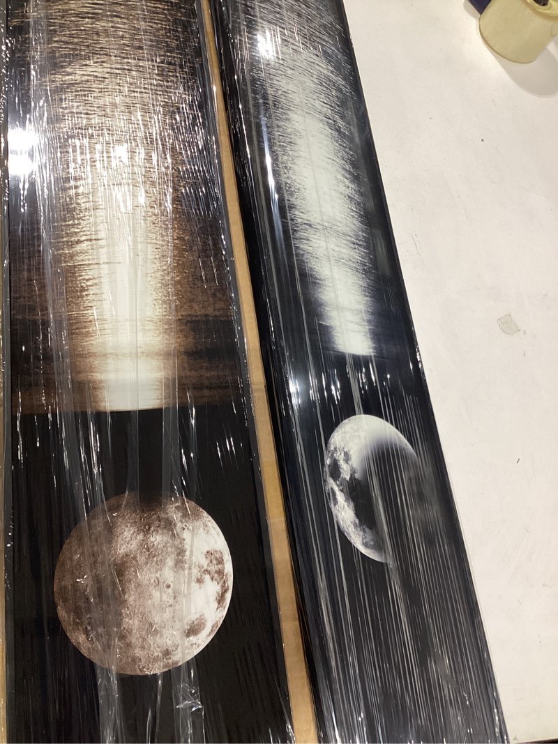 Condition photo showing New/Like New for framed long narrow vertical moon wall art set of 2, modern black white gold bright art prints paintings, night sea landscape pictures for living room entryway hallway dining room bedroom wall decor 8" w x 56" h moonlit reflection
