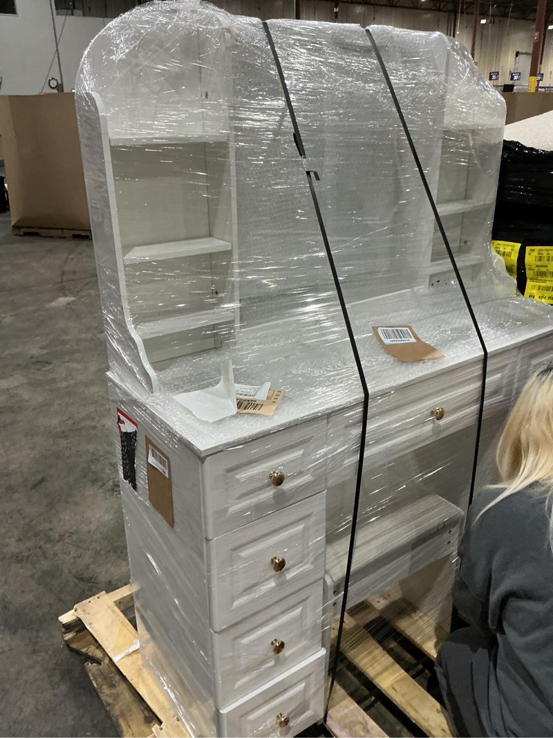 Condition photo showing New/Like New for arulvmrn 43" makeup vanity desk with mirror and lights, & power outl, glass top big vanity table wit