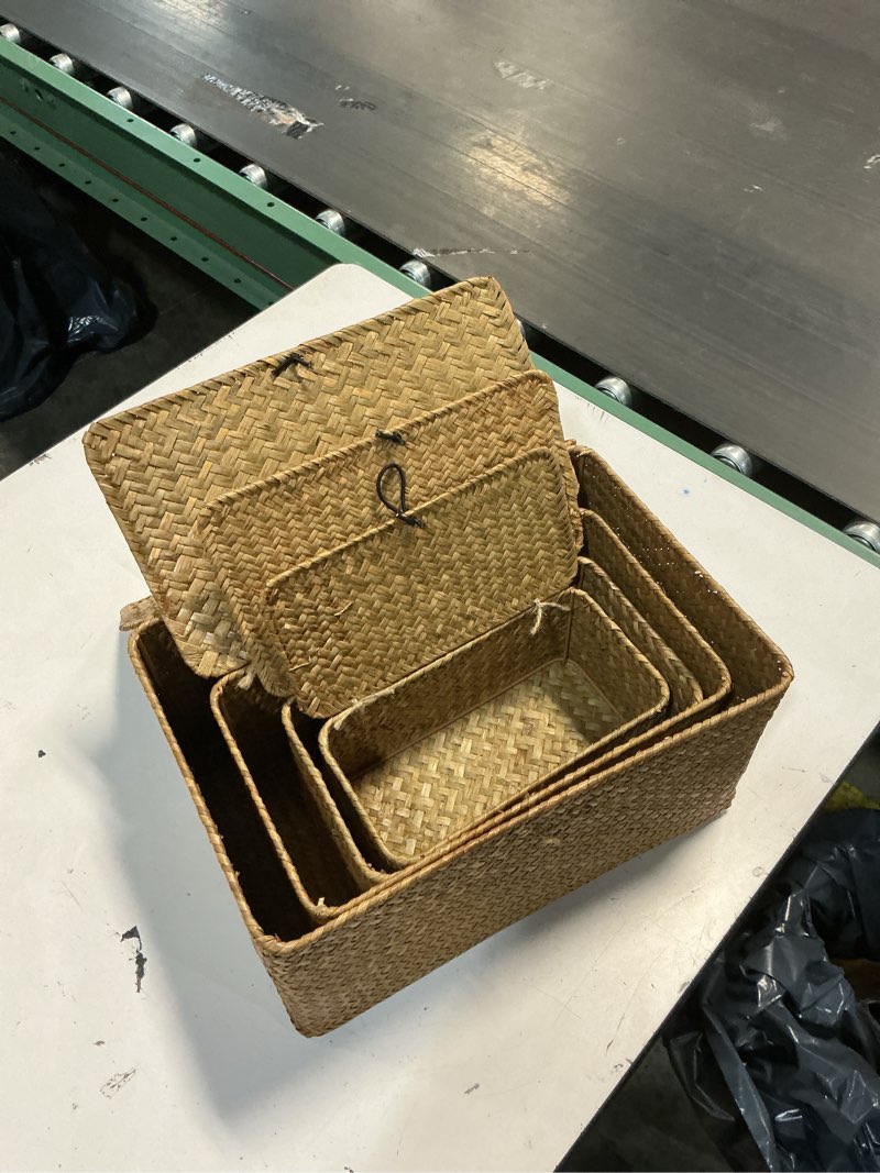 Condition photo showing Good Condition for 4 pack, wicker baskets with lids, nautral seagrass storage baskets, woven rectangular basket bins, rattan storage organizer for shelf natural