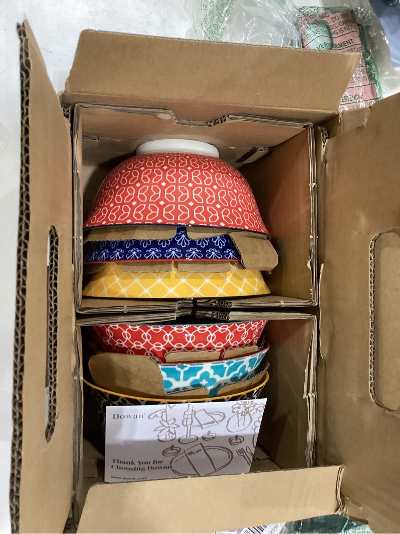 Condition photo showing New/Like New for DOWAN Soup Bowls Set of 6, Cereal Bowls for Kitchen, 23 OZ Large Ceramic Bowl, Colorful Vibrant Patterned Porcelain Bowls for Kitchen Decor and Housewarming Gift, Dishwasher and Microwave Safe