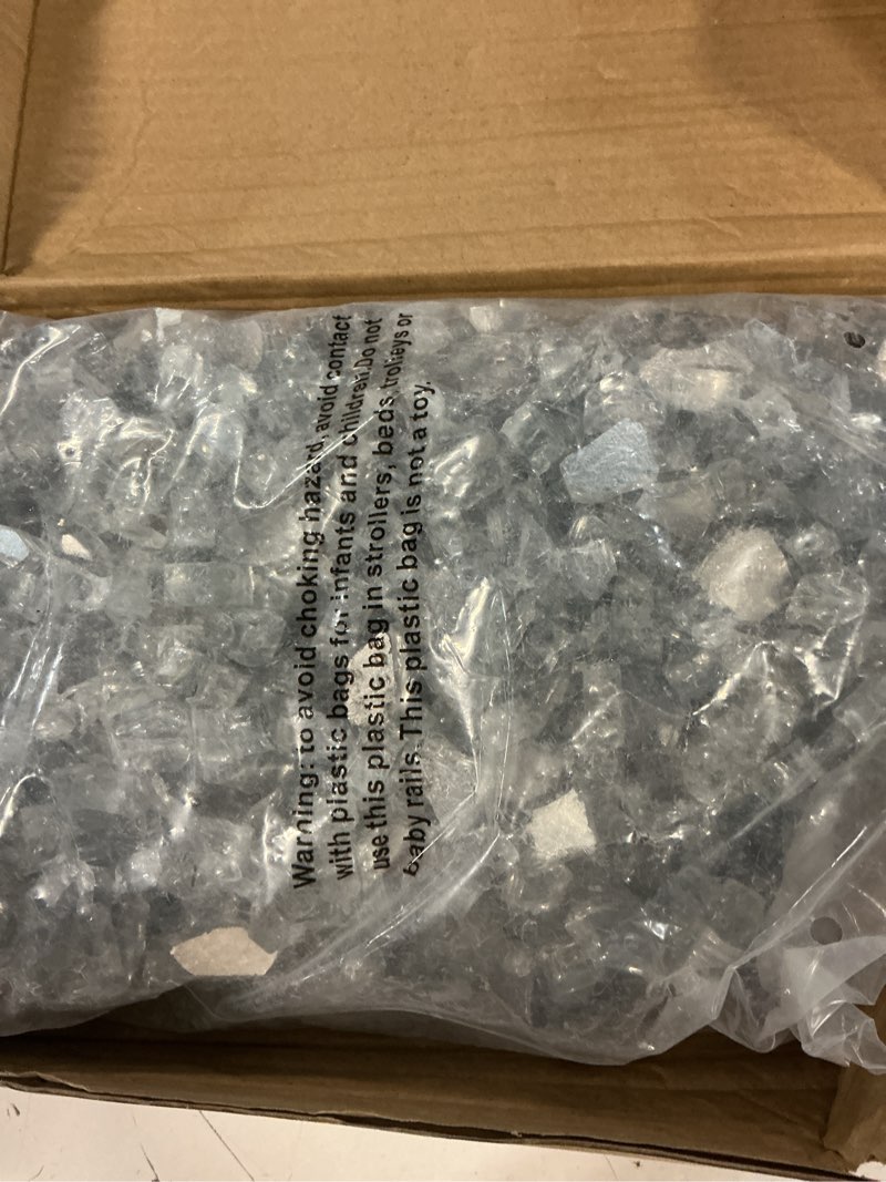 Condition photo showing Good Condition for fire glass for fire pit, 1/2 inch white reflective firepit glass rocks for fire pit table, outdoors and indoors fireplace glass,10 pounds 10 pounds ultra clear, 1/2 inch