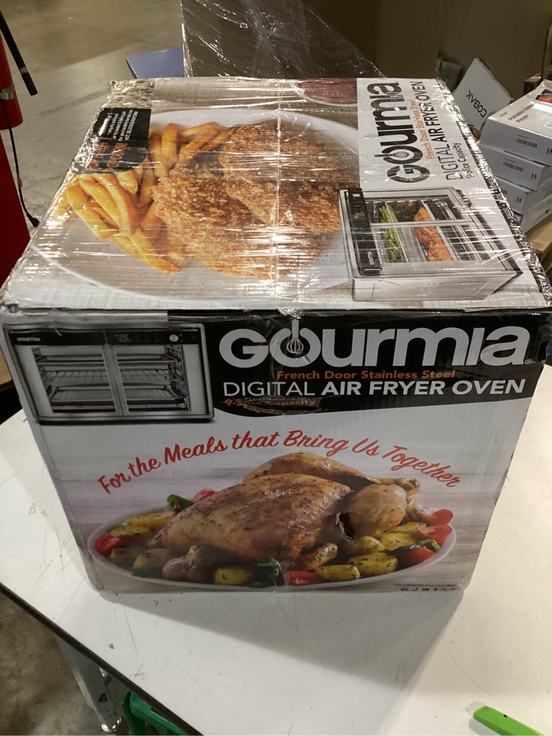 Condition photo showing New/Like New for Gourmia French Door Air Fryer Oven - 37 Qt Large Capacity Convection Toaster Oven, FryForce 360°, Digital Display, 12 Cooking Presets, Dehydrate, Fits 13” Pizza, Dishwasher-Safe, Stainless Steel Silver