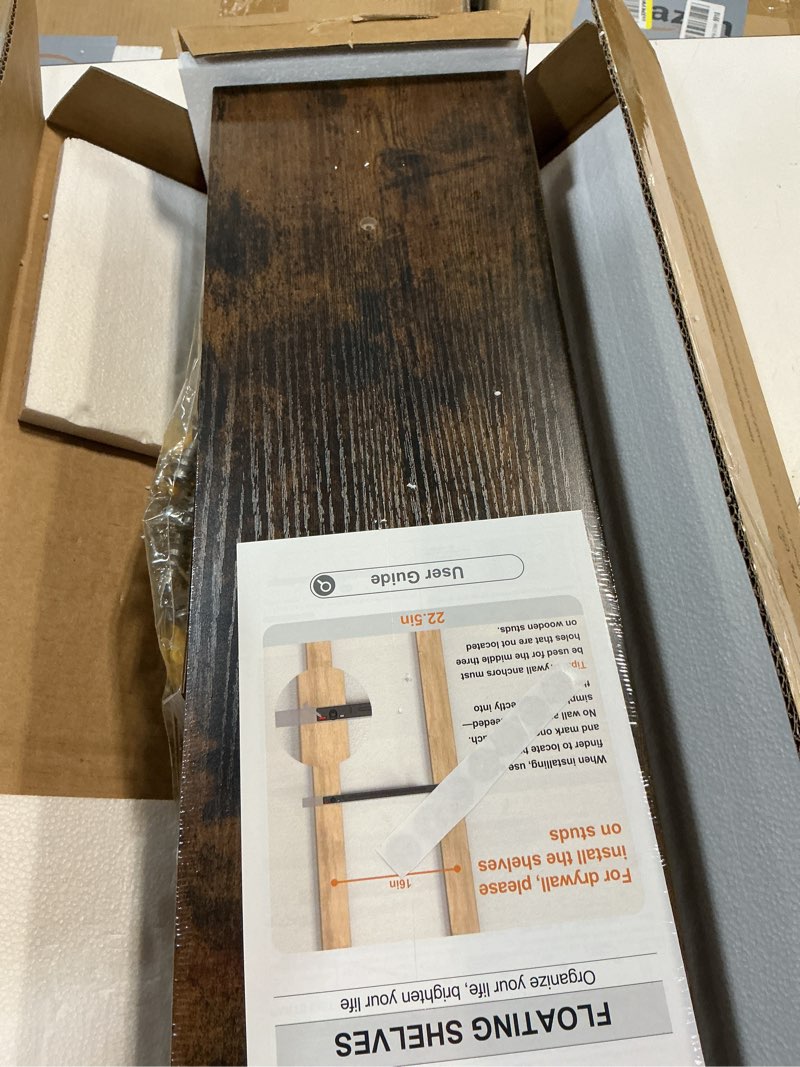 Condition photo showing New/Like New for bayka floating shelves for wall, set of 3, 22.5 inch rustic wood wall mounted shelving for bathroom, bedroom, living room or kitchen, hanging display decor book shelf with 22 lbs, rustic brown b. rustic brown - americana farmhouse style 3 22.5inches