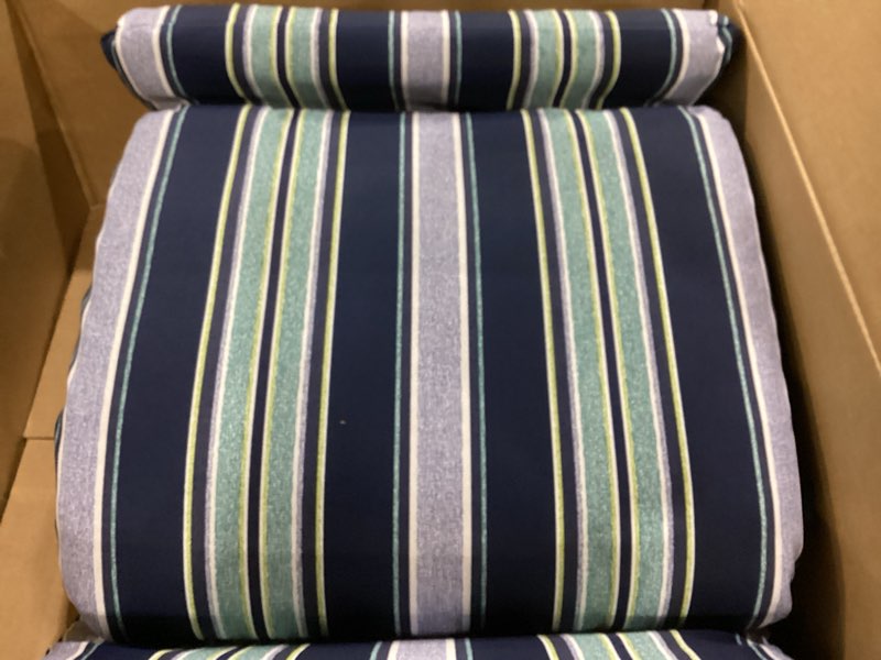 Condition photo showing Good Condition for arden outdoor adirondack or rocking chair cushion, 20 x 17, rain-proof, fade resistant 17 x 20, sapphire aurora blue stripe sapphire aurora blue stripe standard adirondack