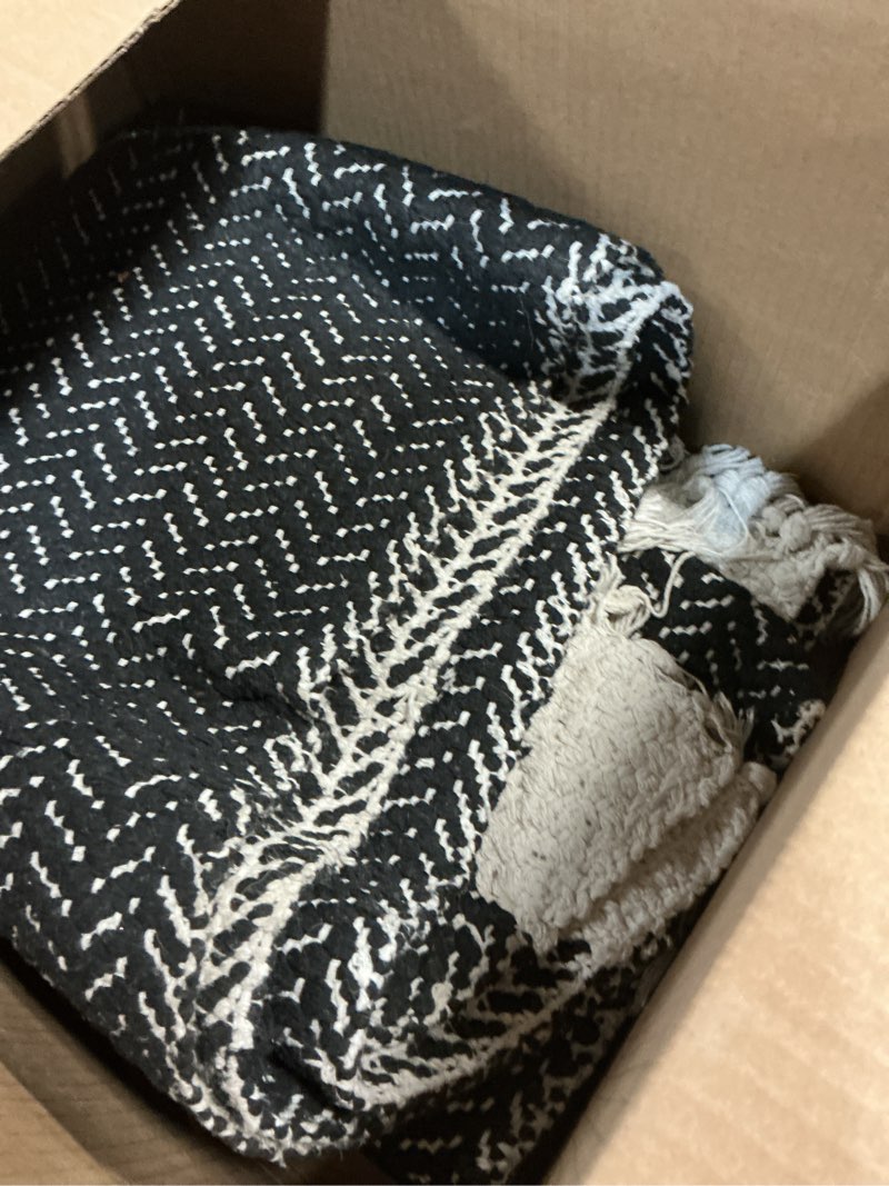 Condition photo showing As Is for Lahome Boho Kitchen Runner, 2'6''x8 Runners for Hallways Lightweight Bath Mat Woven Washable Runner Rug with Tassels, Farmhouse Non Shedding Black Rug for Bedroom Living Room 2'6" x 8' (Runner) Black