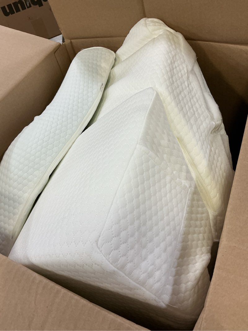Condition photo showing Good Condition for bedluxe 3pcs orthopedic bed wedge pillow set, foam wedge pillow post surgery for back, leg and knee support, adjustable 9&12 inch folding triangle pillow for sleeping, acid reflux, snoring, white white adjustable 9&12 inch + 1 head pillow