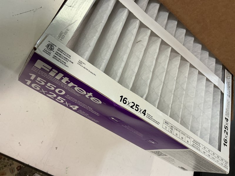 Condition photo showing Good Condition for filtrete 16x25x4 air filter merv 12, mpr 1550 certified asthma & allergy friendly 2-pack, fits lennox & honeywell, ac furnace hvac filters, pleated electrostatic (actual size 15.88x24.56x4.31 in)