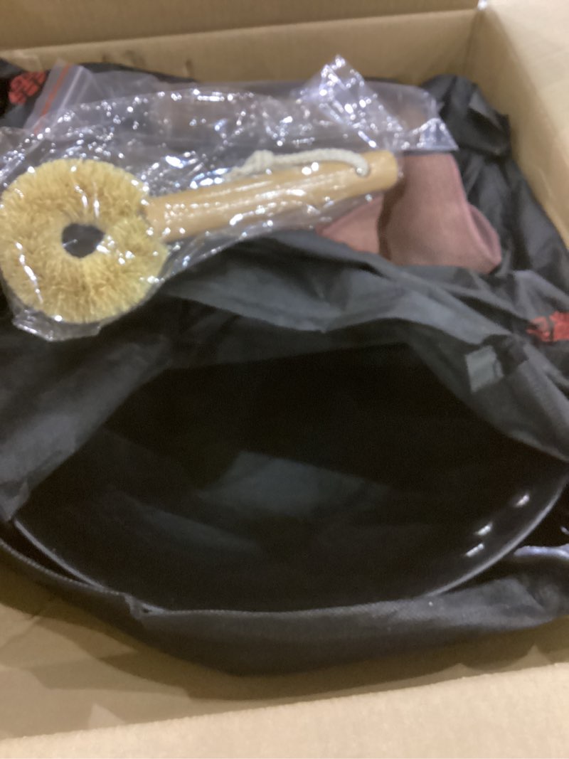 Condition photo showing As Is for WANGYUANJI Cast Iron Wok Pan 12 inch Flat Bottom with Wooden Handle and Lid, Large Wok Stir Fry Pan Suitable for All Cooktops, Chinese wok with Free Dishcloth and Brush 12.59"