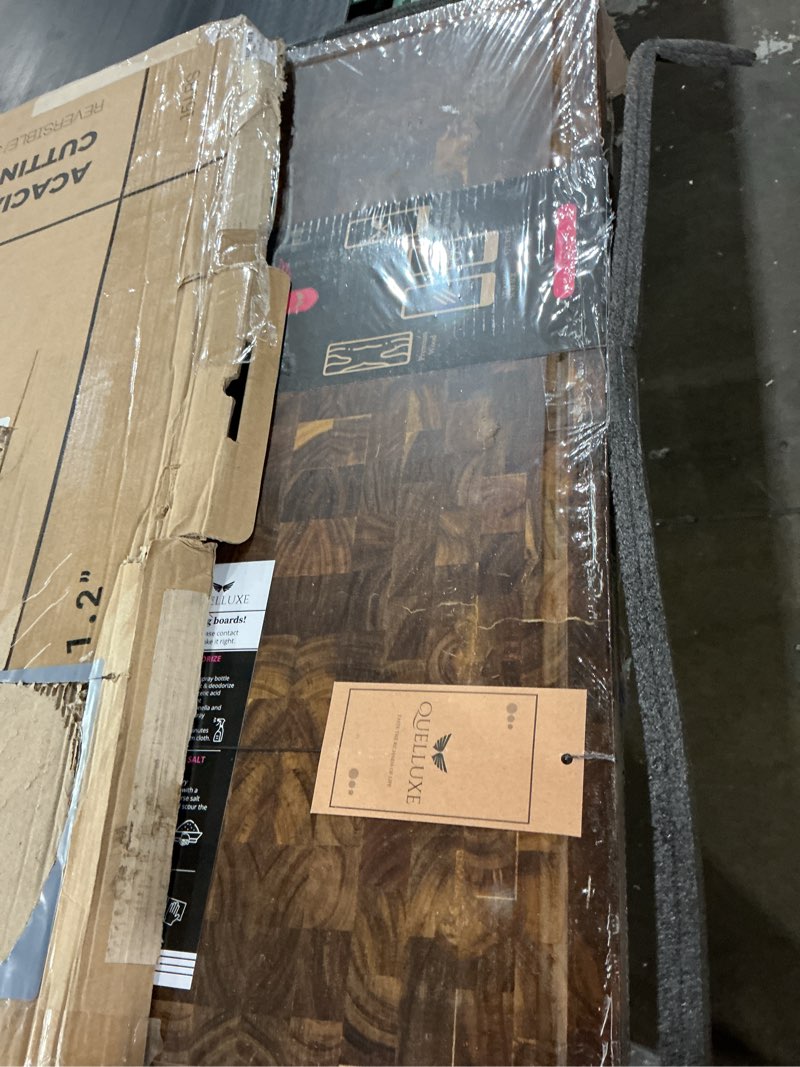 Condition photo showing As Is for end grain cutting board for kitchen with non-slip feet, acacia wood heavy duty checkered cutting board upgraded chopping board with juice groove & handle large wooden butcher block with gift box 17"l x 12"w