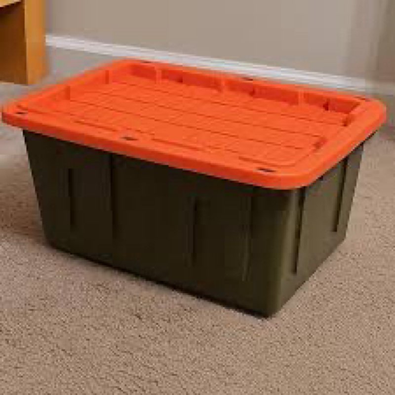 master forge large 27 -gallons ( 108 -quarts ) camo / orange heavy duty stackable tote with. ( incomplete sin tapa 