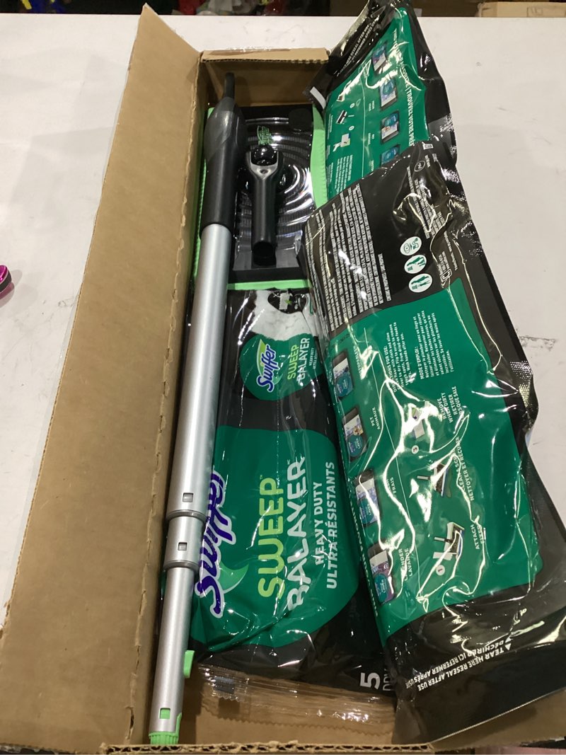 Condition photo showing New/Like New for swiffer sweep and mop deluxe  2-in-1 floor mopping and sweeping kit  includes 1 sweeper device  5 heavy duty dry sweeping cloths  6 heavy duty wet mopping cloths
