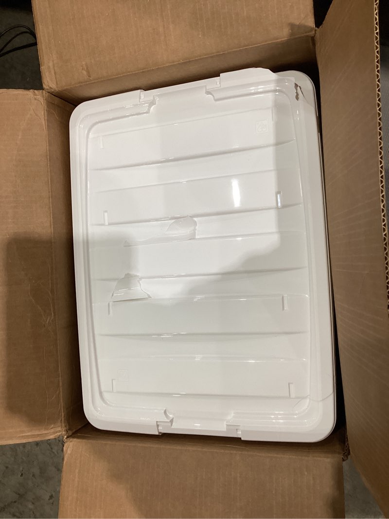 Condition photo showing As Is for IRIS USA 6-Pack 54 Quart Stackable Storage Bins with Lids [Made in USA] - Everyday Organizer Latching Clear Plastic Organization Containers Closet Bedroom Shelving Units Home Storage - Clear/White Clear 54 Qt CLR 6 Pack