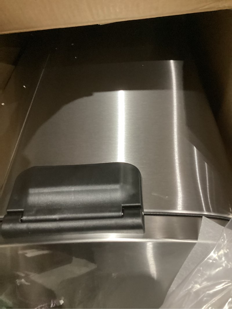 Condition photo showing Good Condition for Amazon Basics Smudge Resistant Rectangular Trash Can With Soft-Close Foot Pedal, Brushed Stainless Steel, 50L/13.2 Gal, 16.7x14.7x25.9 in, Satin Nickel Finish Satin Nickel Big, 50L/13.2 Gal