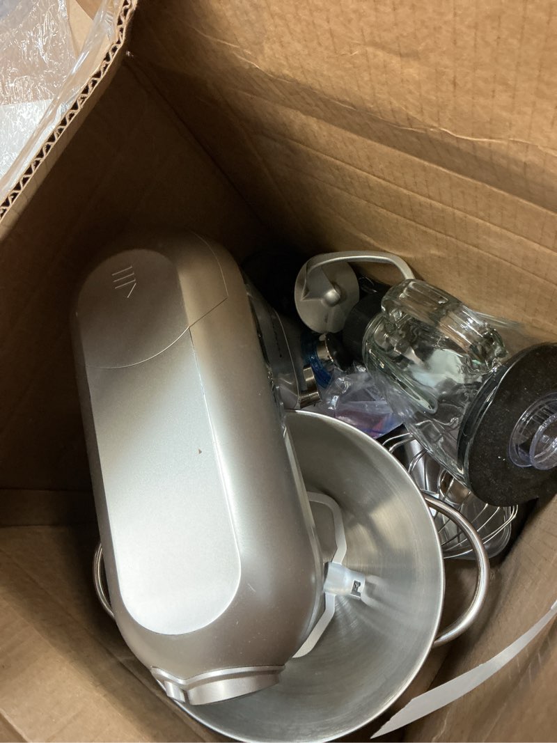 Condition photo showing As Is for Vospeed 9 IN 1 Stand Mixer, 850W Tilt-Head Multifunctional Electric Mixer with 8 QT Stainless Steel Bowl, 1.5L Glass Jar, Meat Grinder, Hook, Whisk, Beater Dishwasher Safe (Silver)