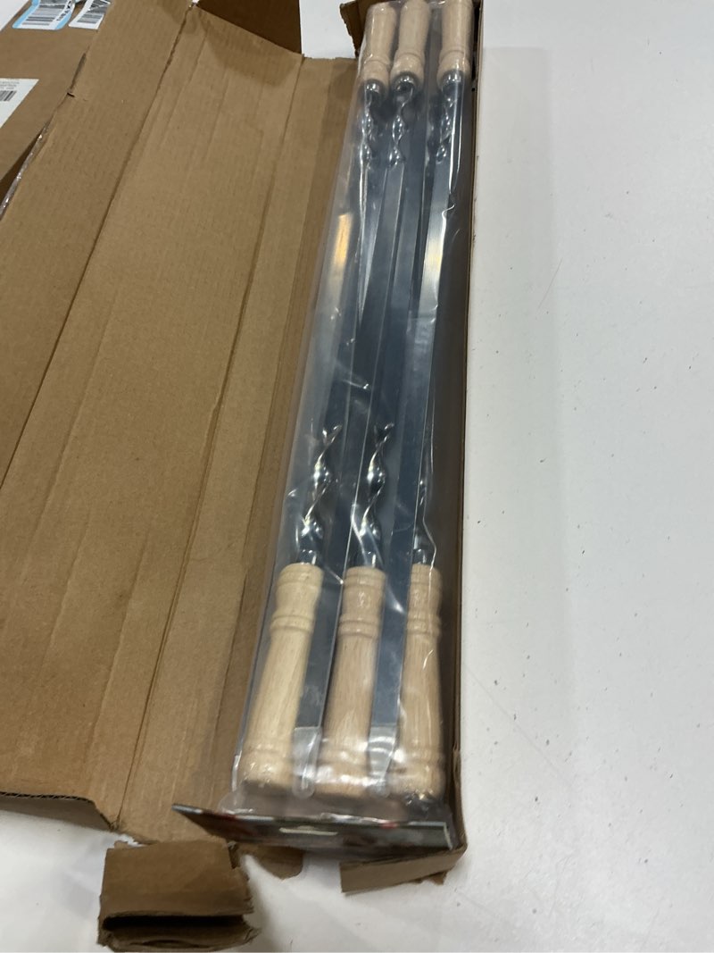 Condition photo showing New/Like New for large size kabob skewers flat metal bbq 22" barbecue skewer wooden handle stainless steel shish kabob stick wide reusable grilling set meat shrimp chicken vegetable kebab fork sausage-12pcs 22 inch (wood handle)