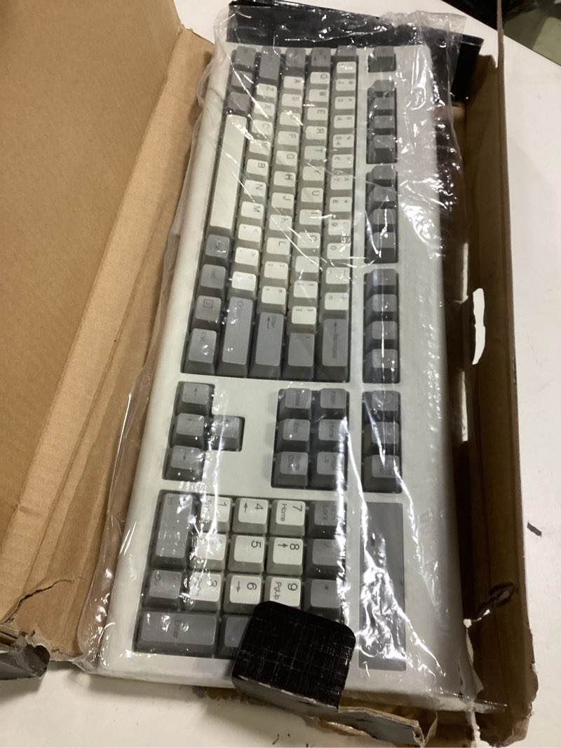 Condition photo showing Good Condition for perixx periboard-106m, wired performance full-size usb keyboard, curved ergonomic keys, classic retro gray/white color, us english layout beige