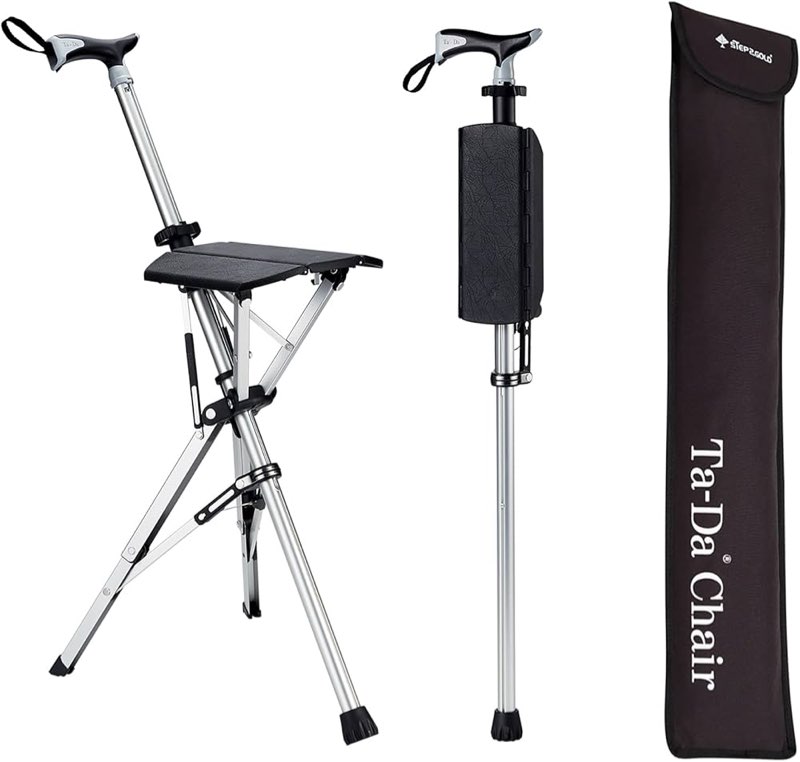 step2gold ta-da chair, portable trekking hiking pole, folding walking stick with seat, walking cane with chair, foldable chair, lightweight aluminum, easy carry and storage, anti-slip (34.6")