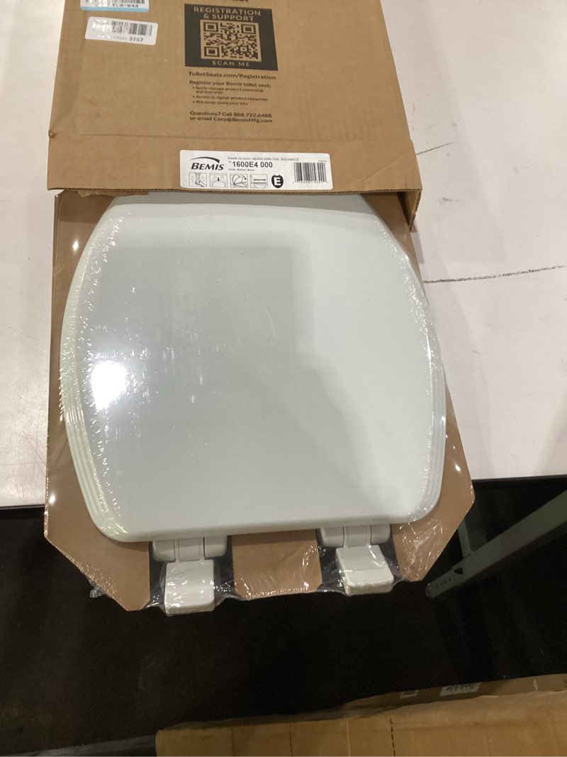 Condition photo showing New/Like New for bemis ashland modern wood toilet seat with decorative edge, slow close, secure hinges, elongated, white