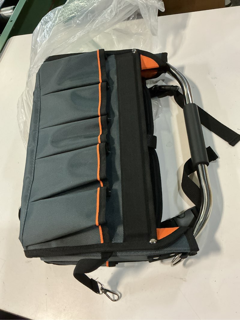 Condition photo showing Good Condition for 16 inch open top tool bag, thick 1680d fabric, foldable 29 pockets tool tote bags with stainless steel handle & padded shoulder strap, easy carry and easy tool access black & orange 16in
