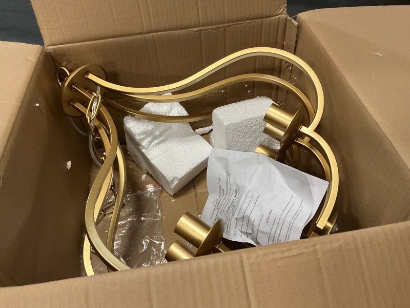 Condition photo showing As Is for 6-light gold vintage farmhouse chandelier, pendant light fixture for dining room, kitchen island, entryway, bedroom