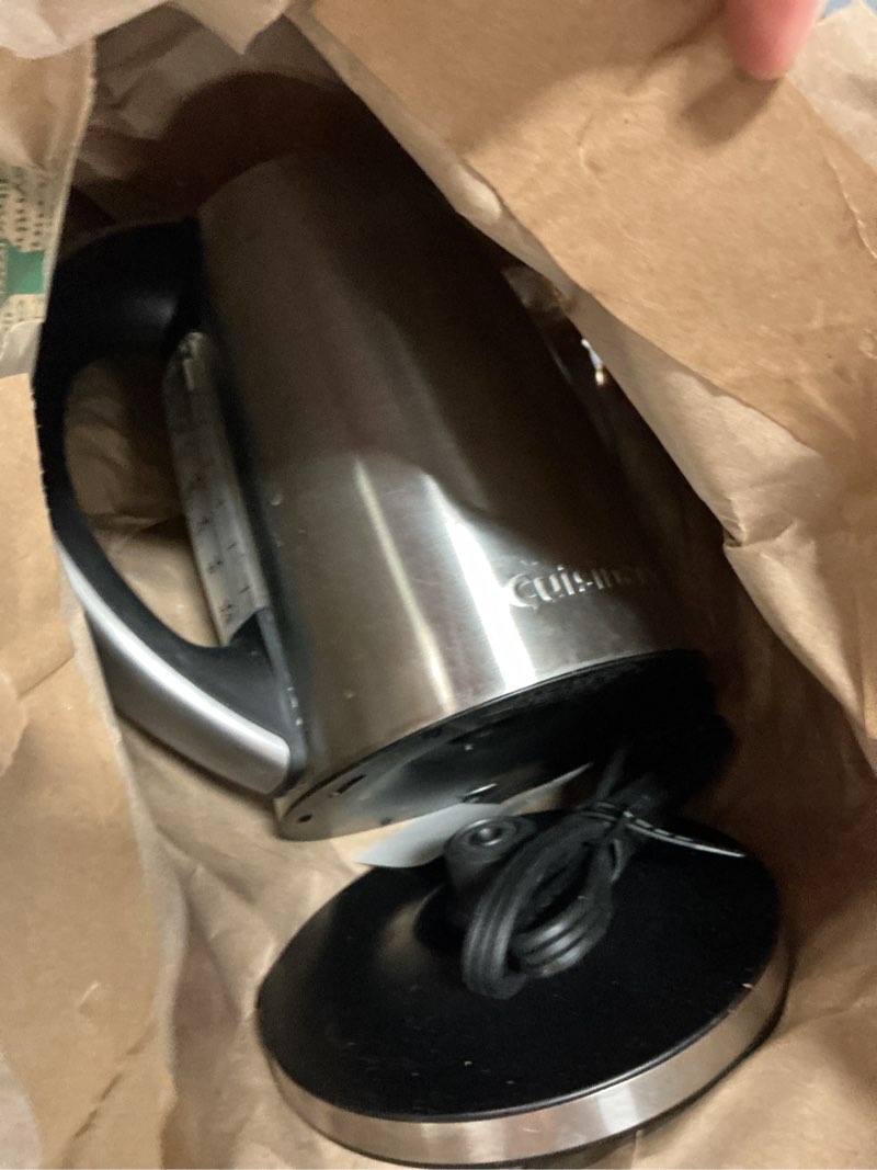 Condition photo showing As Is for cuisinart perfectemp 1.7-liter electric kettle, cordless electric tea kettle, 1500w for fast heat-up, 6 preset temperatures, 30-minute keep warm, stay cool nonslip handle, cpk-17p1 stainless steel perfectemp