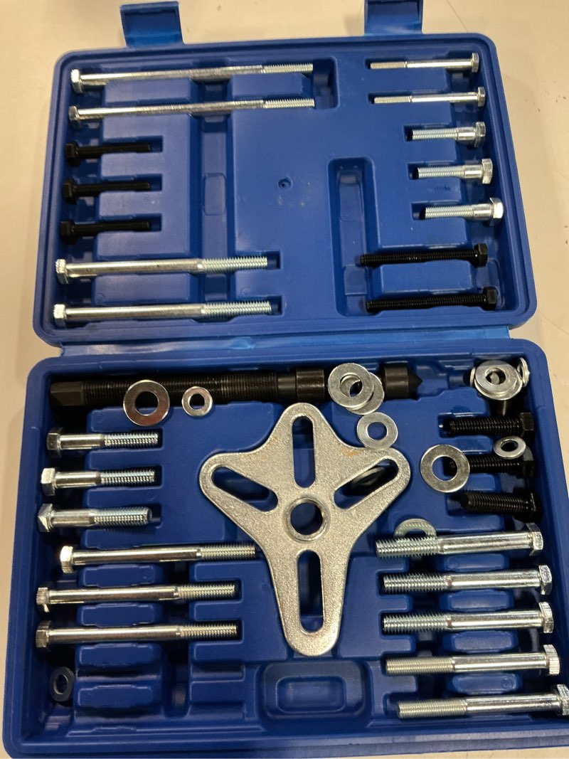 Condition photo showing Good Condition for nyxova 46pcs harmonic balancer puller set, steering wheel flywheel crankshaft pulley puller kit with harmonic balancers, crankshaft pulleys and gears, work on most cars, pickups, suvs (blue)