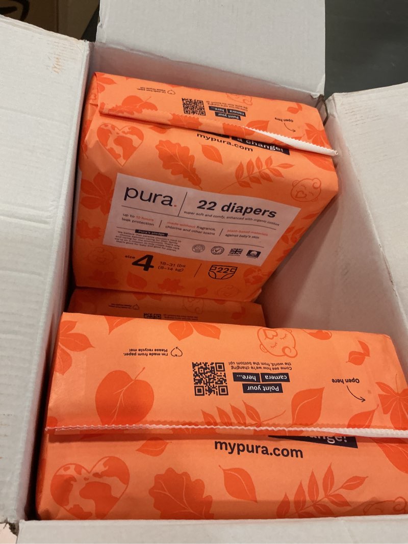 Condition photo showing Good Condition for ( incomplete ) Pura Size 4 Eco-Friendly Diapers (18-31 lbs) Hypoallergenic, Soft Organic Cotton, Sustainable, up to 12 Hours Leak Protection, Allergy UK, Recyclable Packaging, 6 Packs of 22 (132 Diapers) Size 4 (132 Diapers)