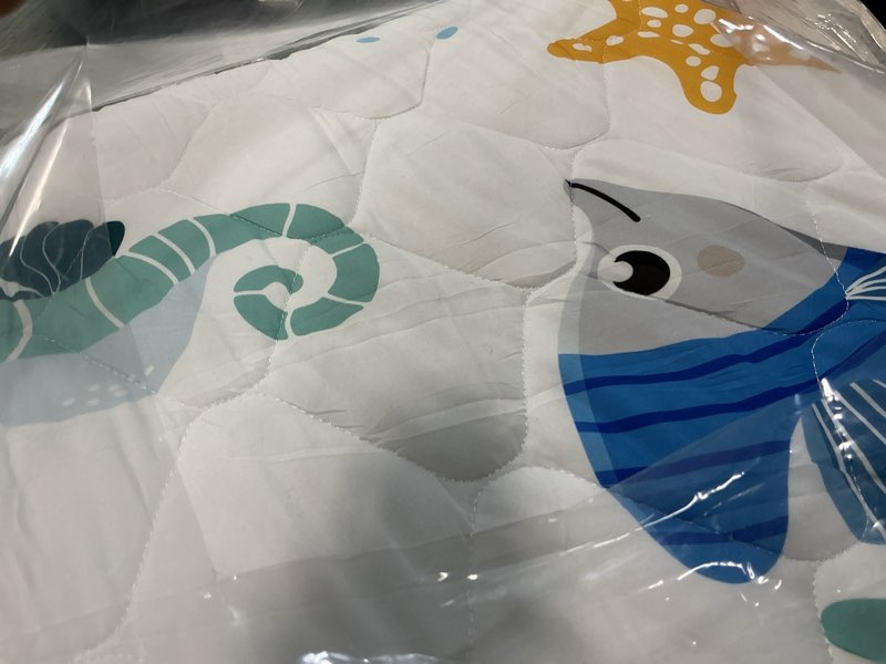 Condition photo showing As Is for tinyharbo premium foam baby play mat 50x50 – removable & machine washable cover, extra thick padding playpen mat, non-slip crawling mat, easy to clean for infants, toddlers & babies ocean friends 50" x 50"