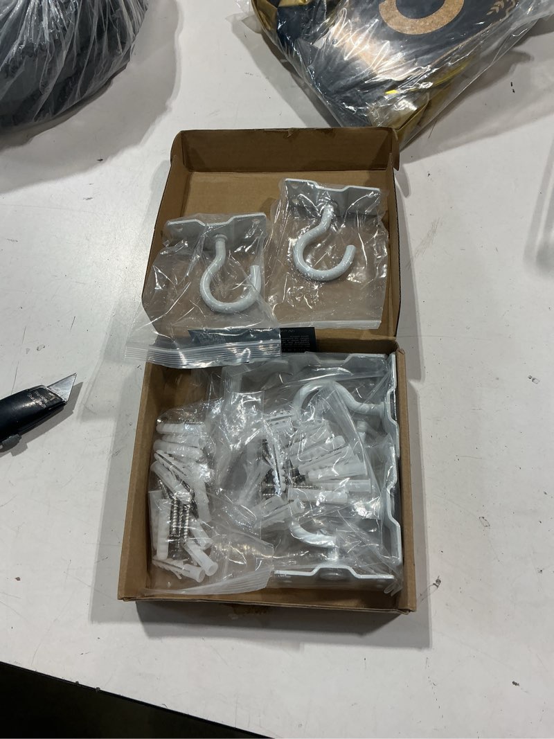 Condition photo showing Good Condition for [upgraded] 200lbs 8pcs rotatable ceiling hooks with 4 screw points plate base, white wall mount metal hanger for hanging plants, bird feeders, lanterns, lights, wind chimes, indoor outdoor decor