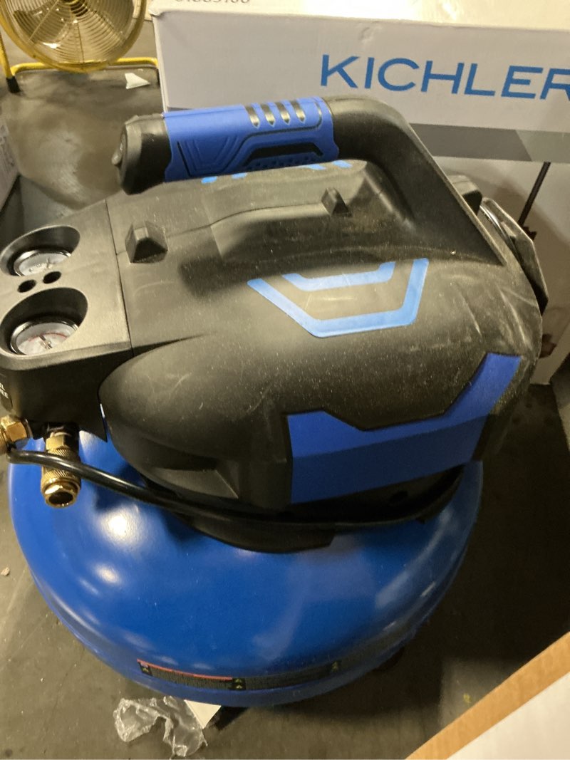 Condition photo showing As Is for kobalt 6-gallon portable electric 175 psi pancake air compressor