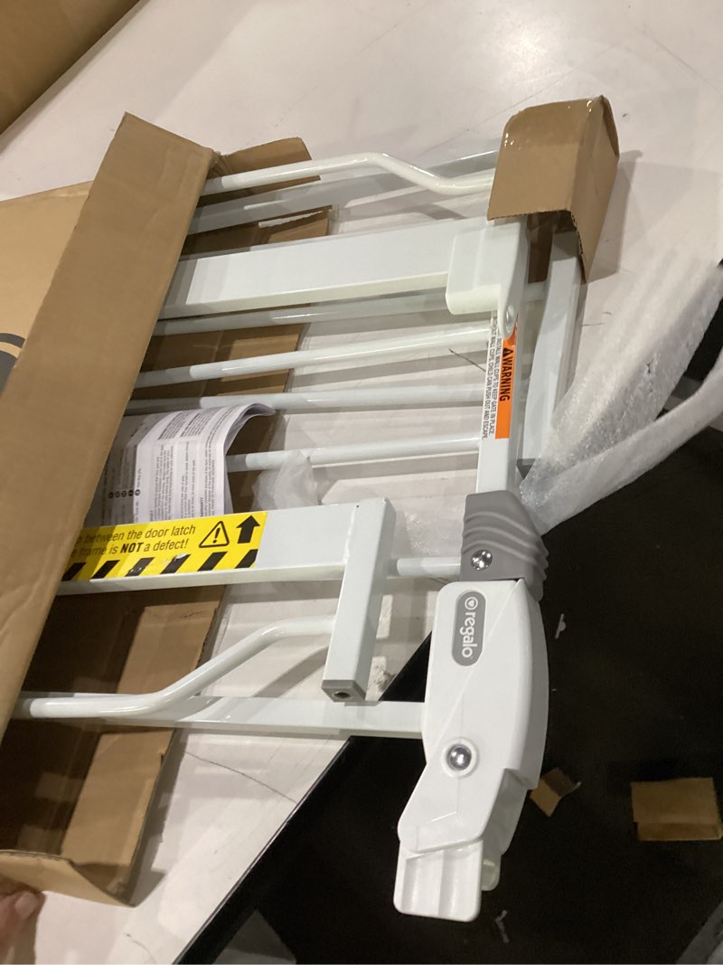 Condition photo showing Good Condition for regalo safety 38" baby gate for doorways & bottom of stairs, pressure mount design for babies, toddlers & pets, tested & safe for 30 years, american designed, american owned, white white 29-38.5"w x 30"h