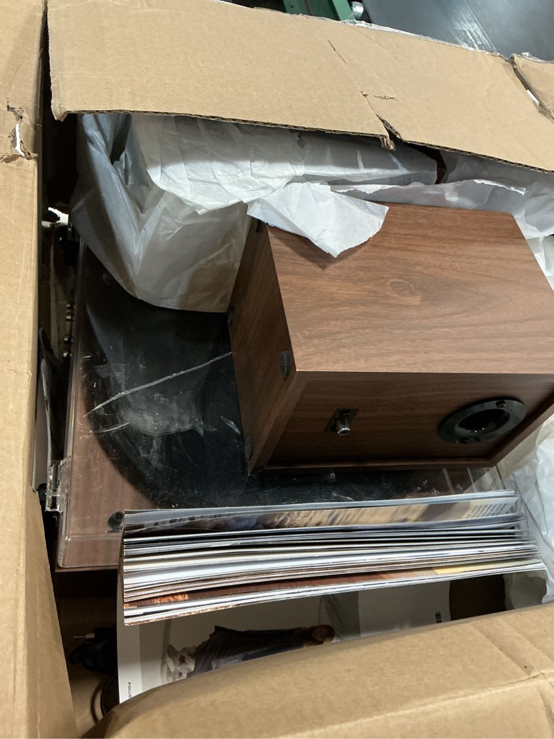 Condition photo showing As Is for Victrola Harmony – Bluetooth Turntable System– 3-Speed Vinyl Record Player, Stereo Bookshelf Speakers, Mid-Century Modern Design, Audio Technica ATN3600L, Bluetooth Input and Output (Walnut)