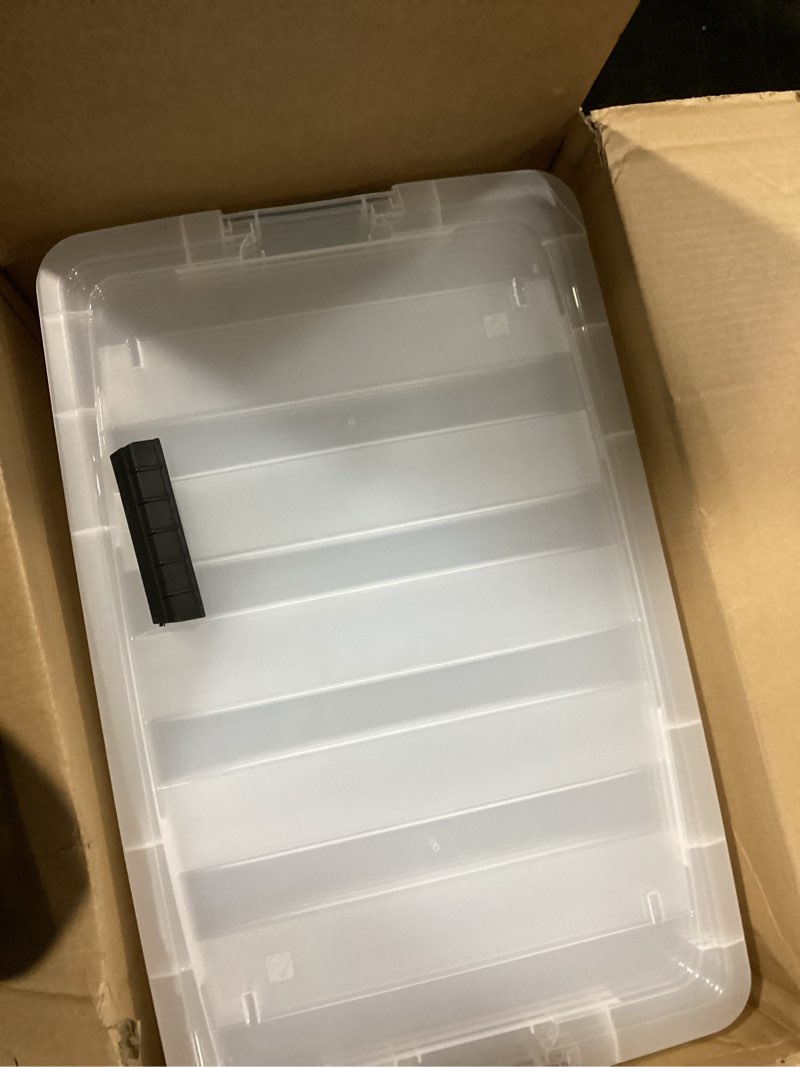 Condition photo showing As Is for IRIS USA 72 Qt Stackable Plastic Storage Bins with Lids, 4 Pack - BPA-Free, Made in USA - See-Through Organizing Solution, Latches, Durable Nestable Containers, Secure Pull Handle - Clear Clear 72 Qt 4 Pack