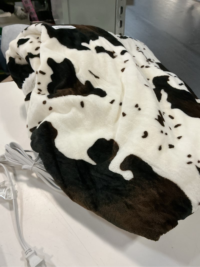 Condition photo showing As Is for heated blanket twin blanket - fast heating electric blanket, soft flannel heated twin with 4 time settings,10 heating settings, warm gifts for women & mom & grandma(62"x84"cow print white) 01 - black ombre-white twin 62" x 84"