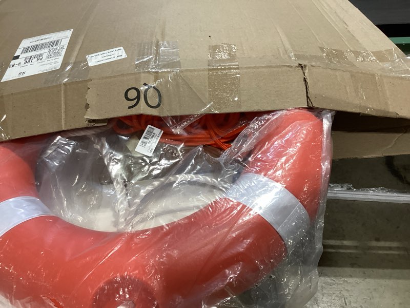 Condition photo showing New/Like New for life ring 23"/28" boat safety throw buoy with reflective tape & grab lines - orange for boats, includes water floating saving rope and bracket 23inch ring+rope