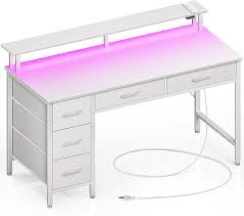 Seventable Computer Desk with Power Outlets & LED Light, 47 inch Home Office Desk with 5 Drawers, Wr
