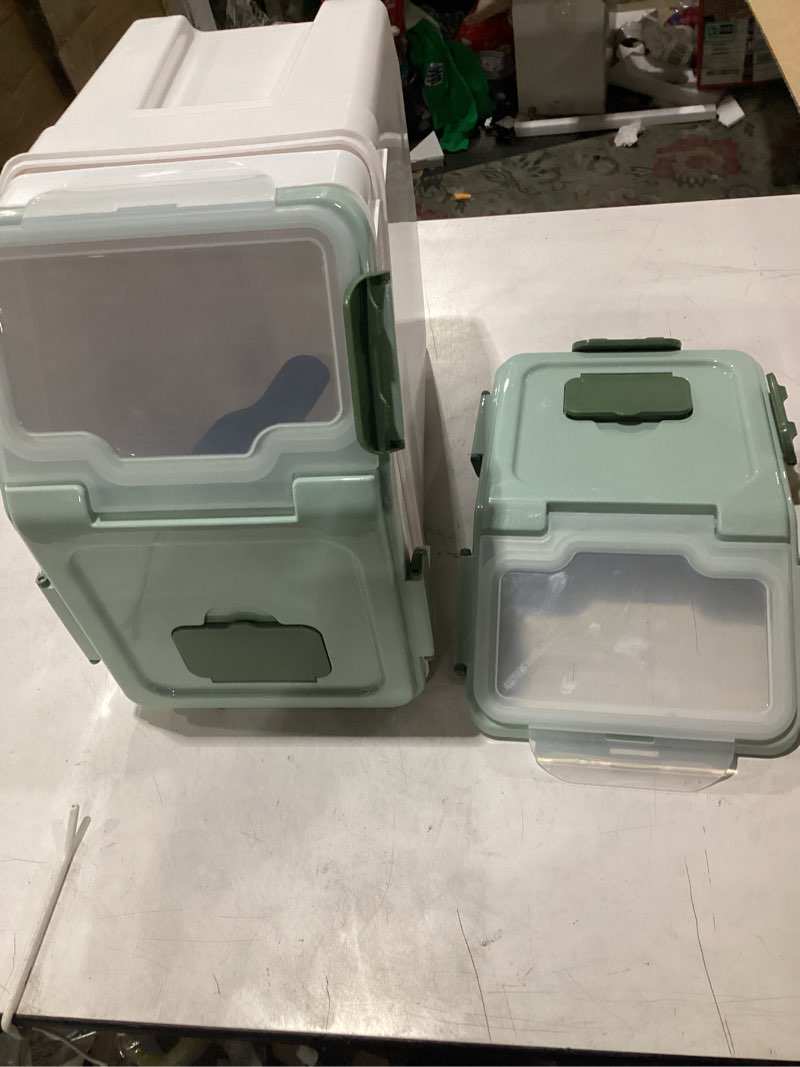 Condition photo showing New/Like New for rice storage container 25 lbs, 2 packs large flour storage containers with seal locking lid & wheels, bpa free rice dispenser, measuring cup | scoop, for sugar cereal dry food, dog pet food bin -green 2pcs 25lb green