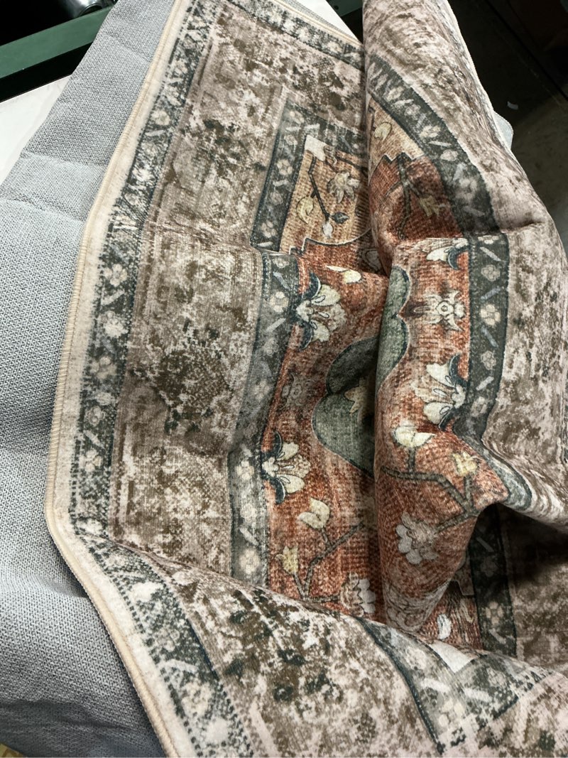 Condition photo showing Good Condition for Area Rugs 4'x6' Washable Non-Slip, Floral Vintage Distress Print Pattern Medallion Carpet for Living Room Bedroom Dining Room, Brick Red Rust Neutral Brown Burnt Orange Green Brick/Brown/Green 4' x 6' (Rectangular)