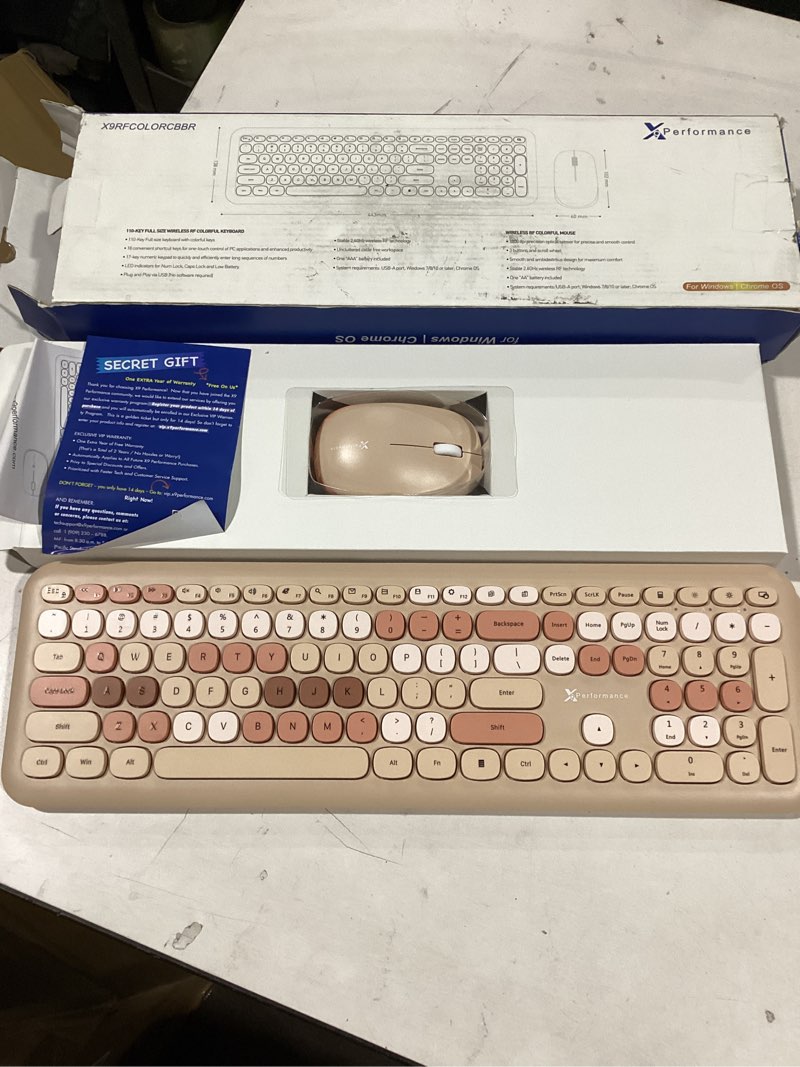 Condition photo showing New/Like New for X9 Colorful Keyboard and Mouse Wireless - 2.4G Aesthetic Wireless Keyboard and Mouse Combo with Bubble Keys - Cute Typewriter Keyboard and Mouse for Computer PC Laptop Windows & Chrome (Brown)