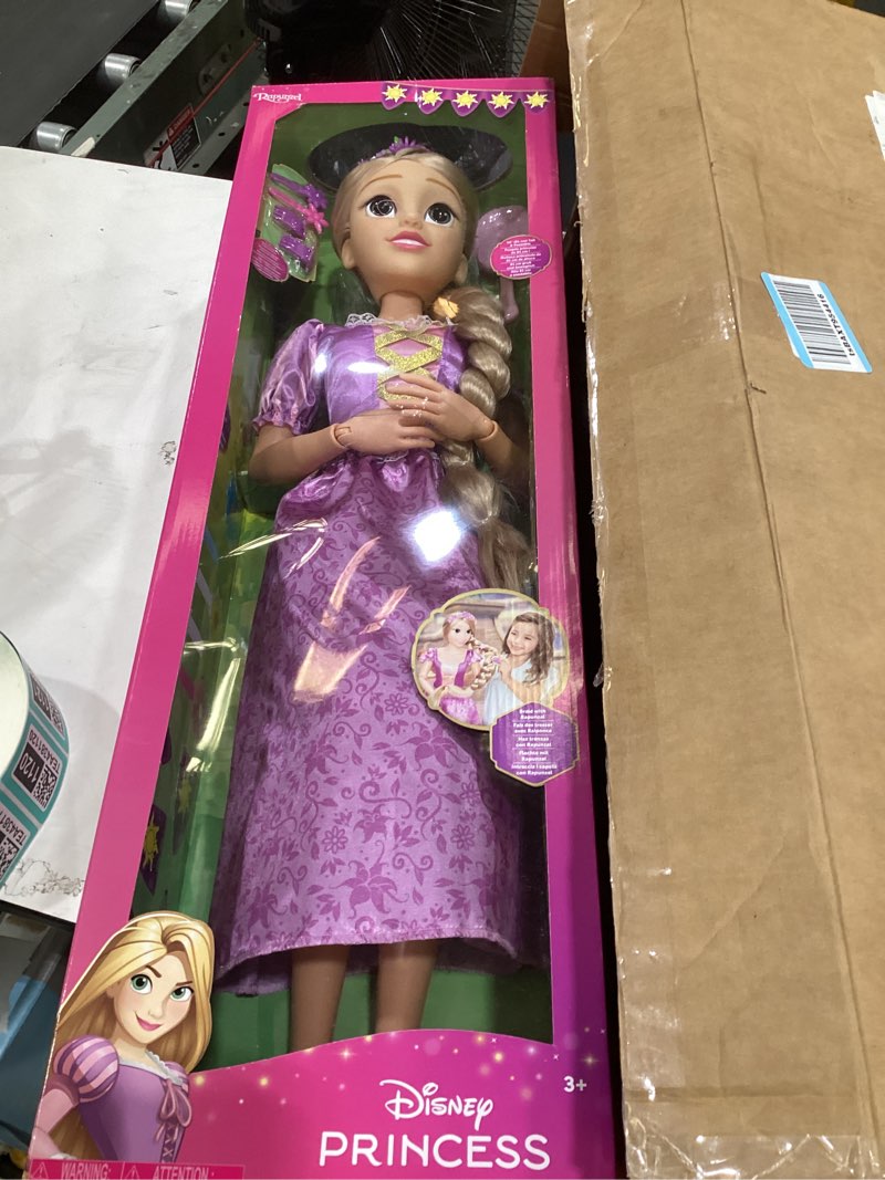Condition photo showing Good Condition for disney princess rapunzel doll playdate 32” tall & poseable, my size articulated doll in purple dress, comes with brush to comb her long golden hair, flower garland hairband & hair pins
