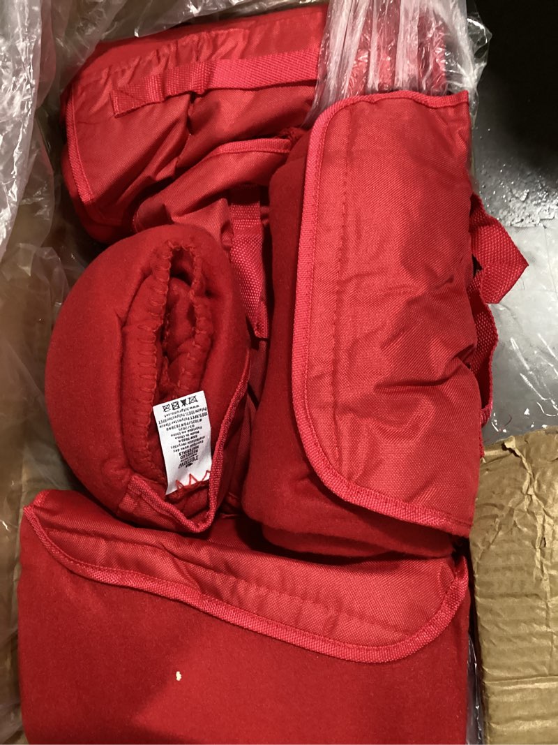 Condition photo showing As Is for 25 ct of roll-up blankets for camping, travel, outdoors, beach, picnics – red – hook + loop closure for easy use in cars & on airplanes – customizable for promotions & events red 25 count